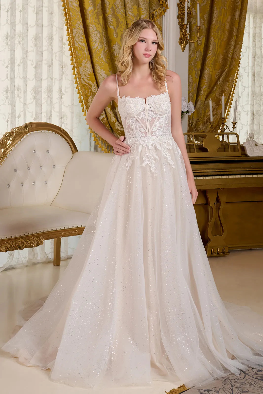 Glitter A Line Corset Bridal Sequin Wedding Dress - Off White / L Glitter A Line Corset Bridal Sequin Wedding Dress - Off White / L