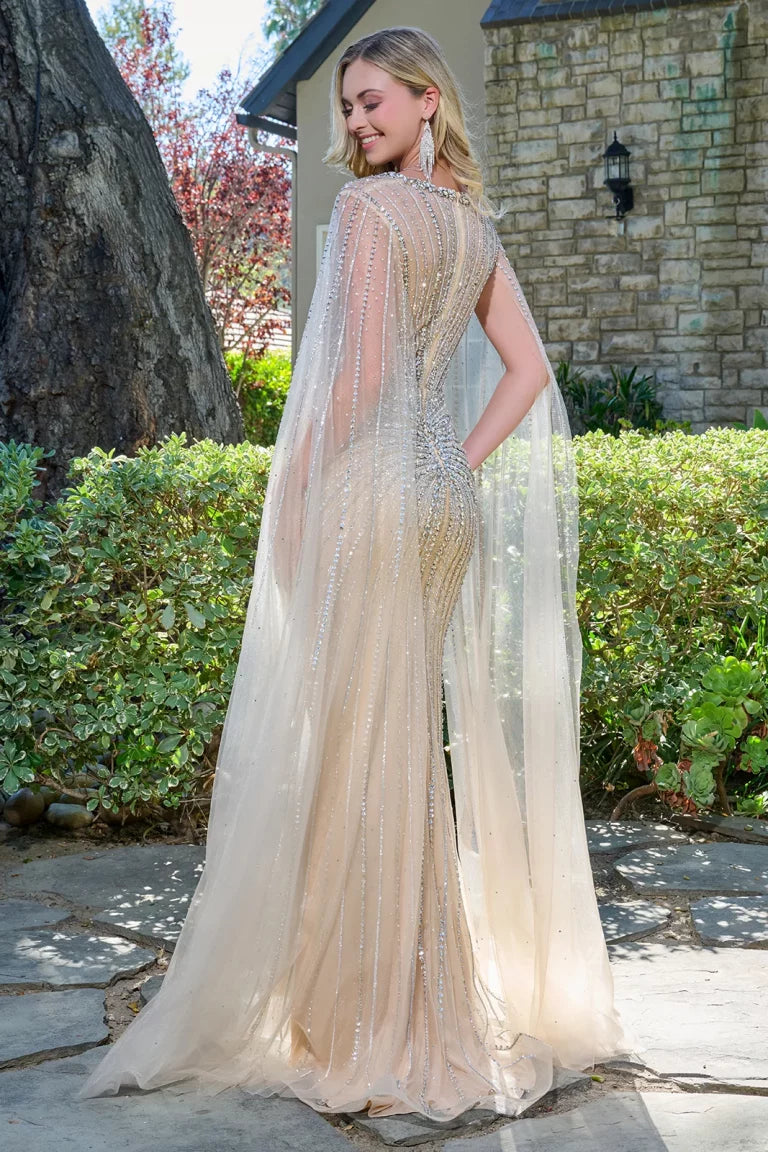 Prom Dresses Cape Long Formal Beaded Sequin Fitted Dress Champagne