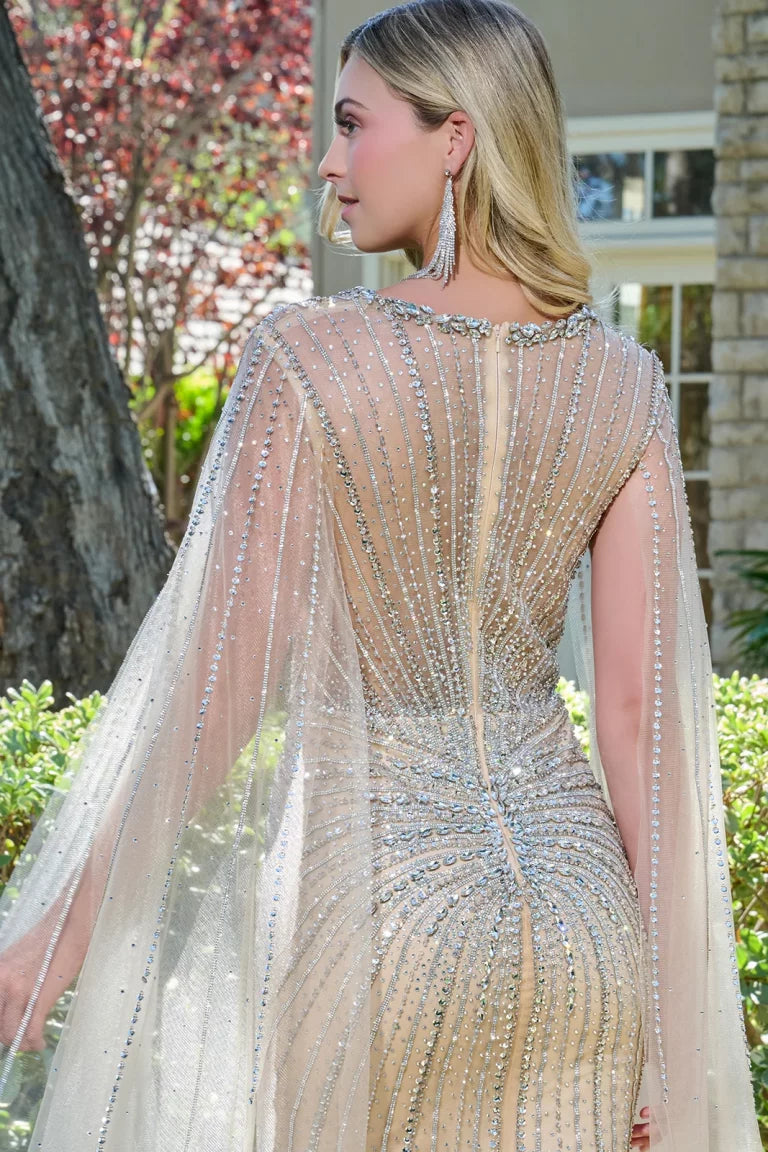 Prom Dresses Cape Long Formal Beaded Sequin Fitted Dress Champagne
