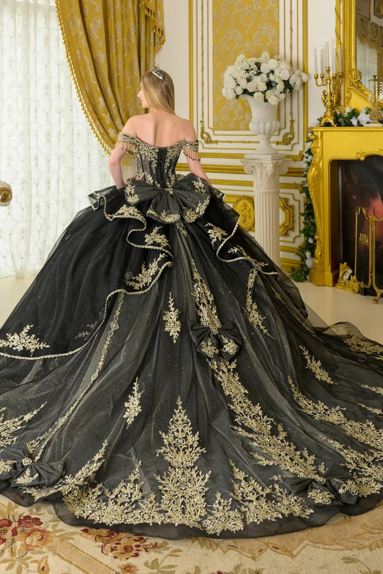 black sparkly quince dress GLS GL3670 Sequin Beaded Long Ball Gown Quinceanera Dress