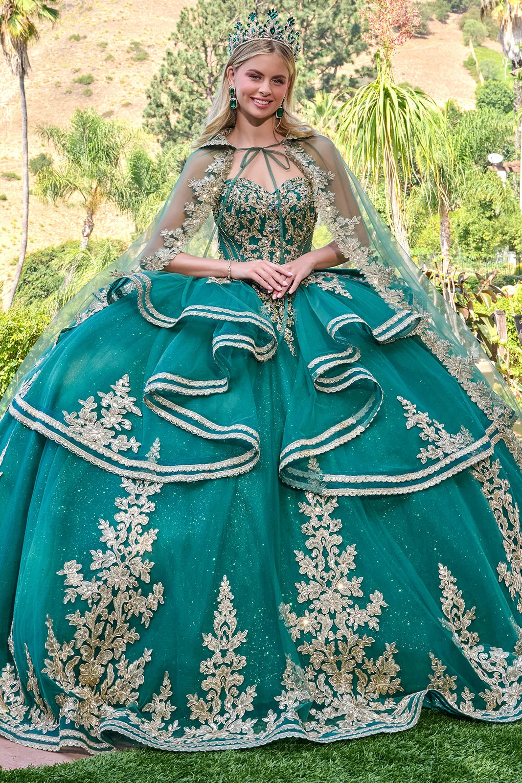 GLS GL3671 Corset Ruffle Long Beaded Quinceanera Dress - GREEN / M GLS GL3671 Corset Ruffle Long Beaded Quinceanera Dress - GREEN / M