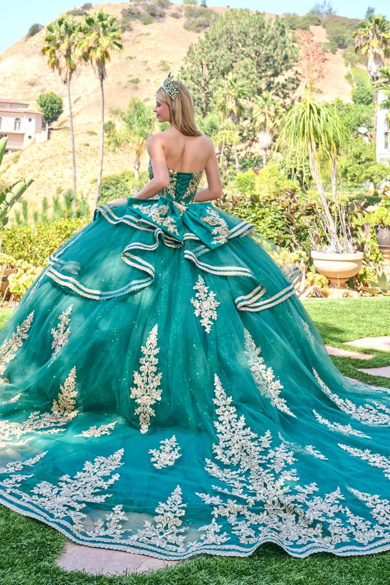 Quinceniera Dresses Corset Ruffle Long Beaded Quinceanera Dress Green