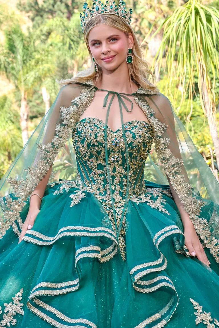 Quinceniera Dresses Corset Ruffle Long Beaded Quinceanera Dress Green