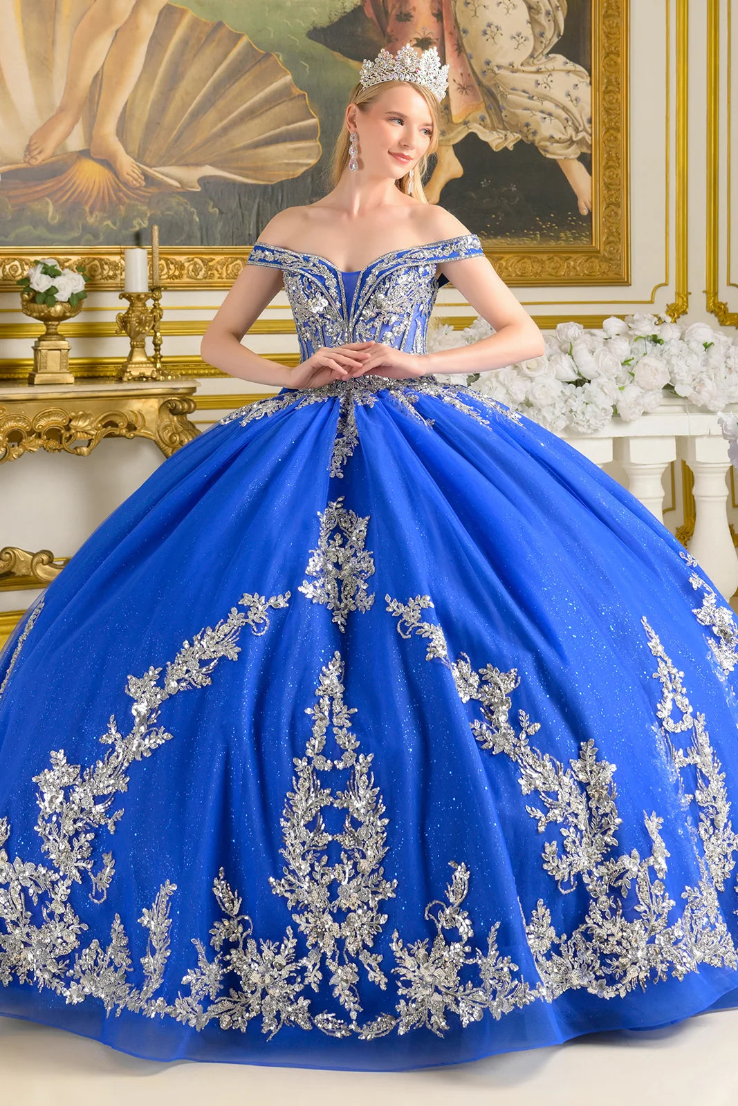 Quinceniera Dresses Glitter Long Beaded Sequin Ball Gown Quinceanera Dress Royal Blue/Silver
