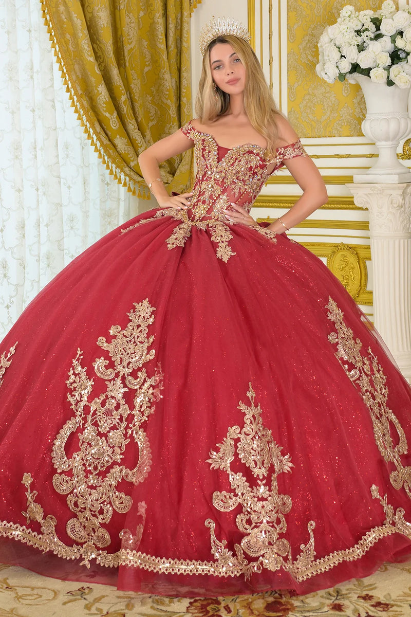 burgundy and gold dress GLS GL3673 Corset Beaded Long Glitter Quinceanera NECKLINE: BOAT NECK Black Strapped Bodycon Dress Embroidered Lace Color:Sienna Rose (LightCoral)