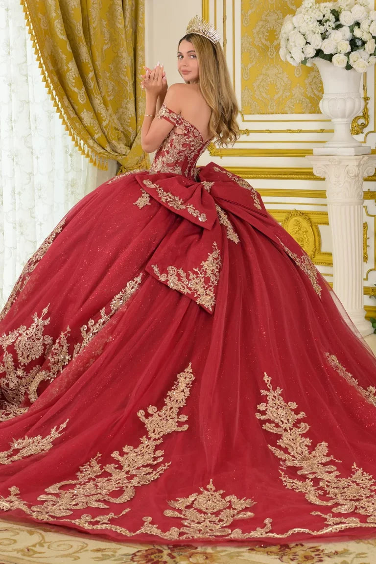 Quinceniera Dresses Corset Beaded Long Glitter Quinceanera Dress Burgundy/Gold