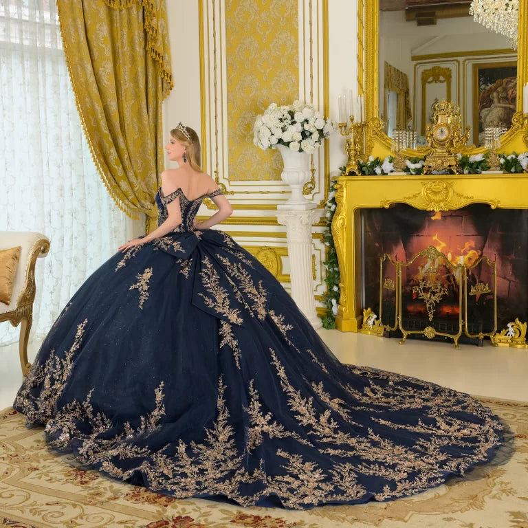 Quinceniera Dresses Ball Gown Glitter Sequin Long Quinceanera Dress Navy/Gold