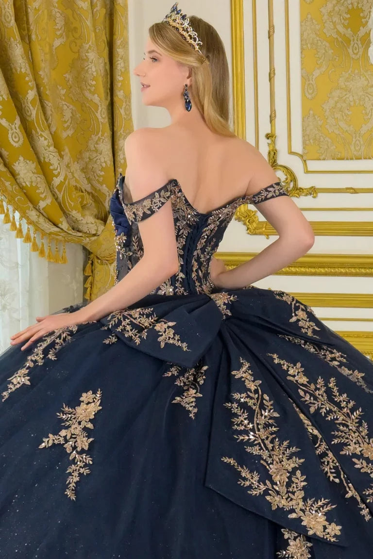 Quinceniera Dresses Ball Gown Glitter Sequin Long Quinceanera Dress Navy/Gold