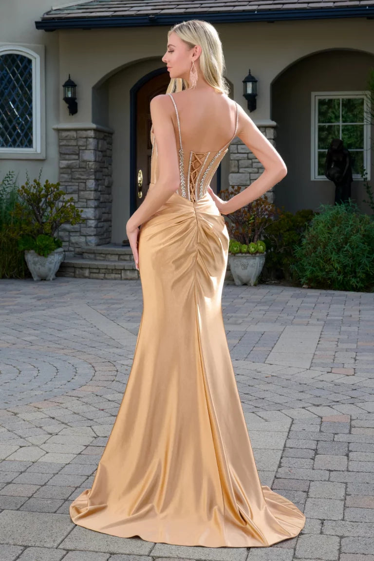 Prom Dresses Beaded Long Formal Corset Fitted Prom Dress Mocha Gold
