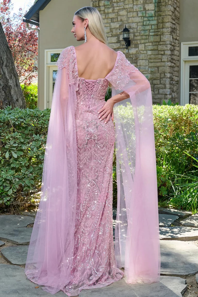 GLS GL3704 Long Fitted Beaded Cape Evening Formal Dress - SAGE / S GLS GL3704 Long Fitted Beaded Cape Evening Formal Dress - SAGE / S