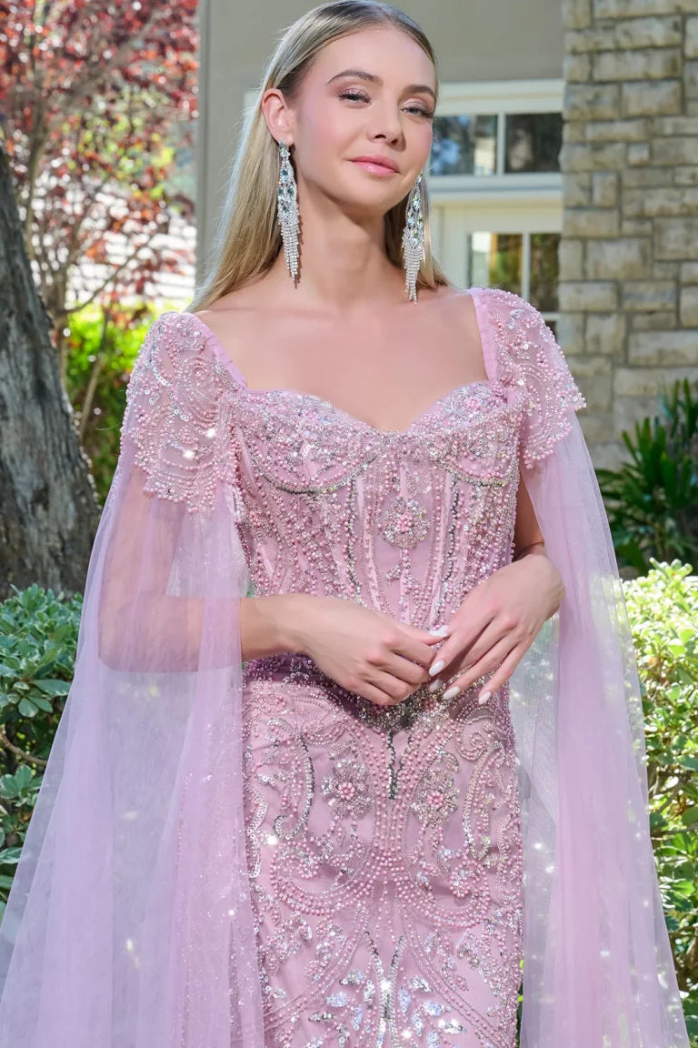 Formal Dresses Long Fitted Beaded Cape Evening Formal Dress Dusty Rose