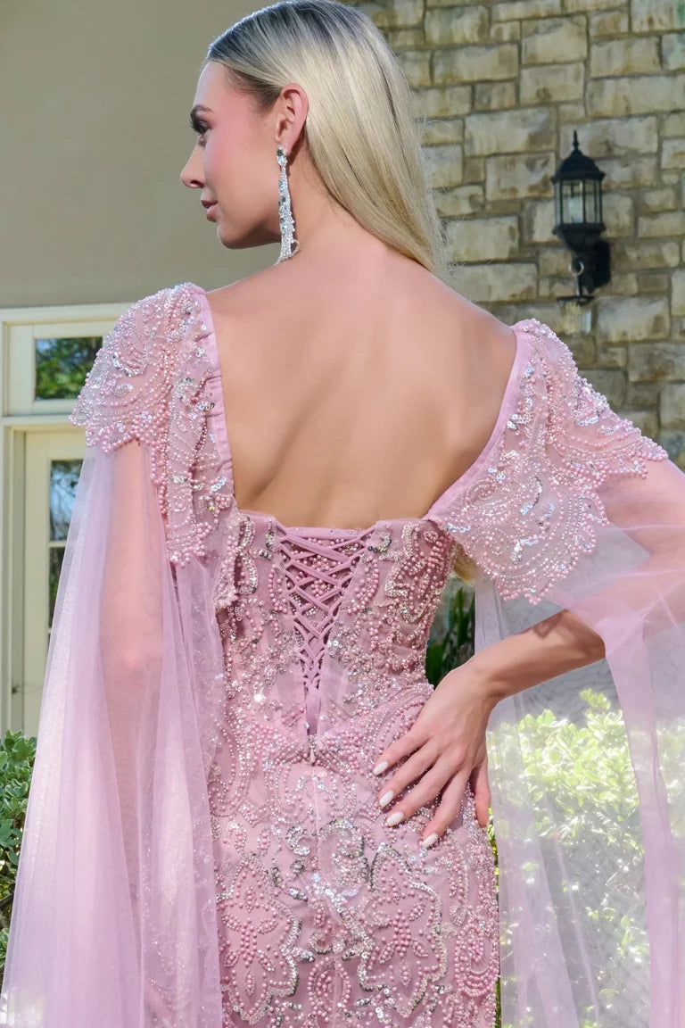 Formal Dresses Long Fitted Beaded Cape Evening Formal Dress Dusty Rose