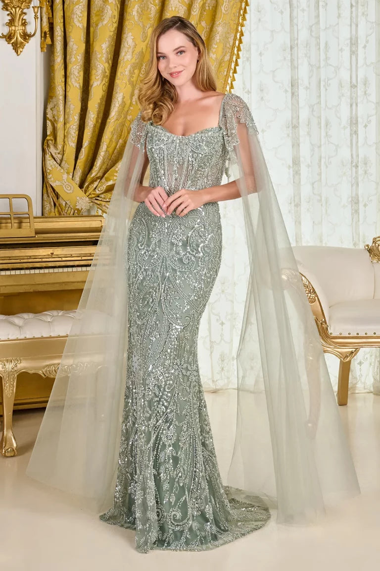 GLS GL3704 Long Fitted Beaded Cape Evening Formal Dress