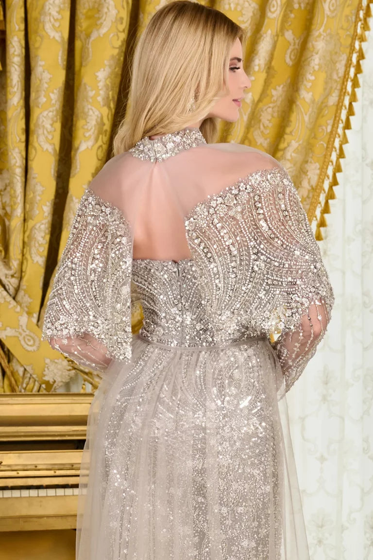 Mother of the Bride Dresses Sequin Long Formal Beaded Cape Mother of the Bride Dress Dark Silver