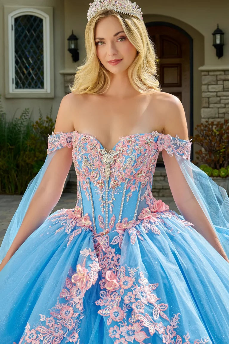 Quinceniera Dresses Long Applique Beaded Ball Gown Quinceanera Dress Bahama Blue