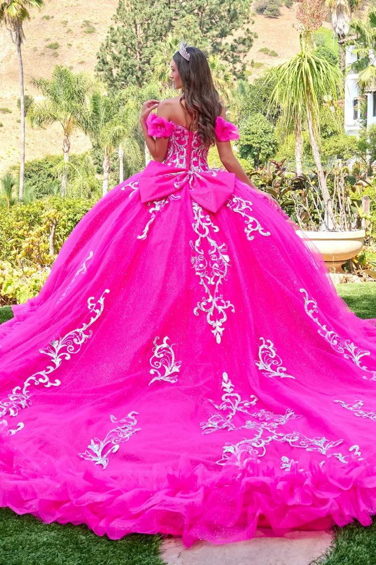Quinceniera Dresses Glitter Applique Long Corset Sequin Ball Gown Quinceanera Dress Fuchsia