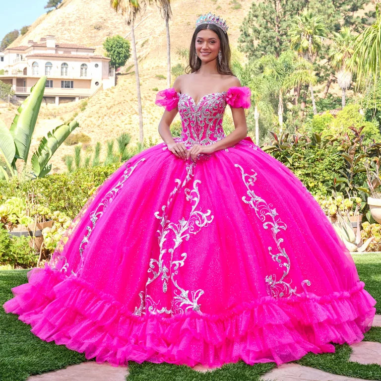Quinceniera Dresses Glitter Applique Long Corset Sequin Ball Gown Quinceanera Dress Fuchsia