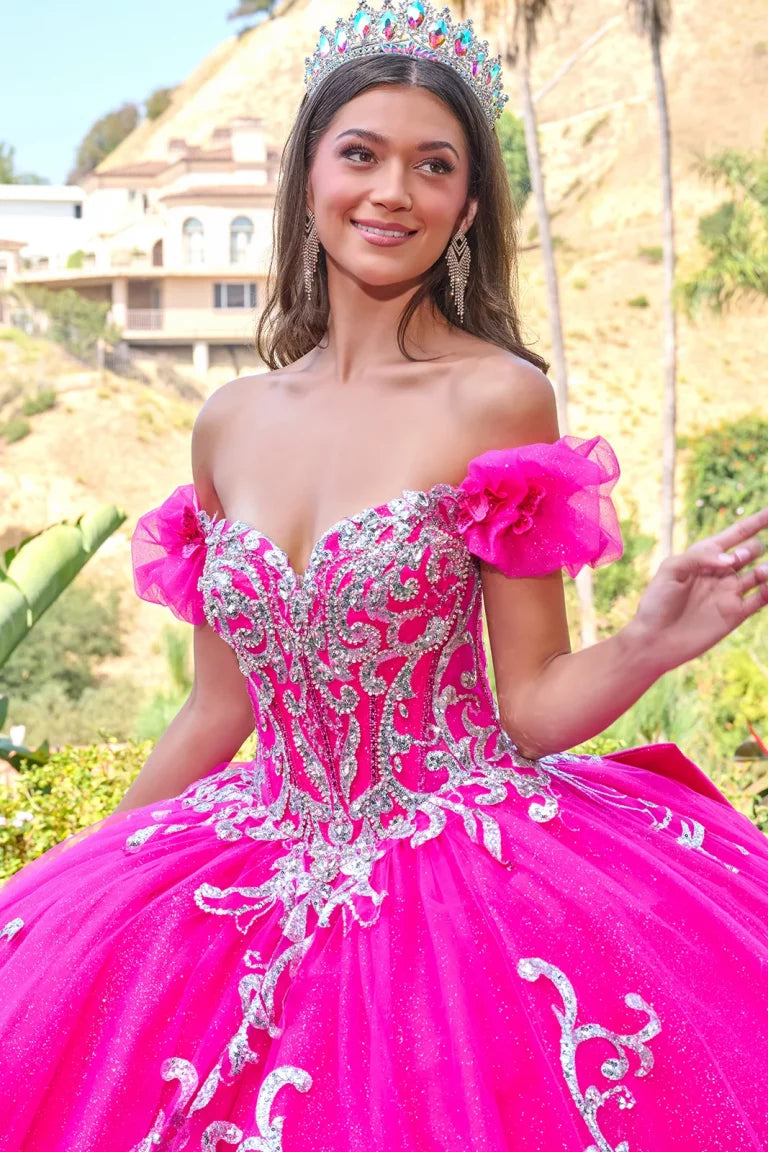 Quinceniera Dresses Glitter Applique Long Corset Sequin Ball Gown Quinceanera Dress Fuchsia