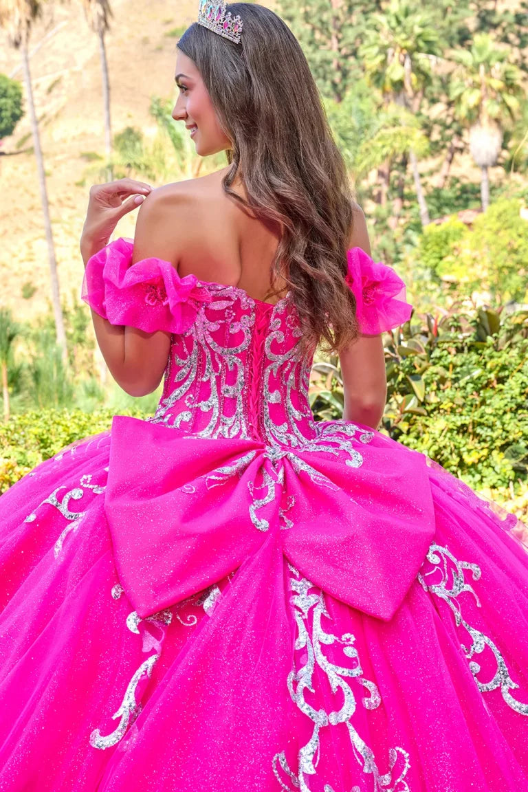 Quinceniera Dresses Glitter Applique Long Corset Sequin Ball Gown Quinceanera Dress Fuchsia