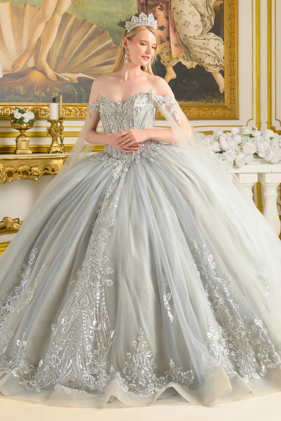 Quinceniera Dresses Ball Gown Beaded Long Sequin Glitter Quinceanera Dress Silver