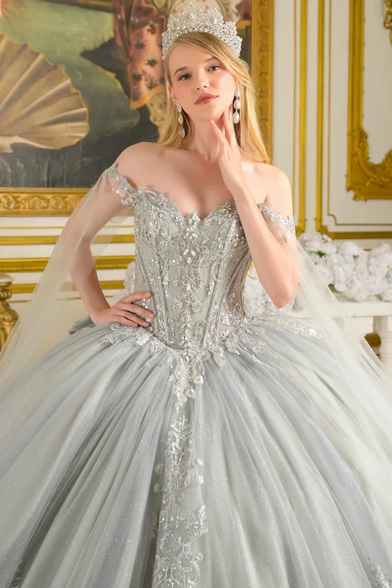 Quinceniera Dresses Ball Gown Beaded Long Sequin Glitter Quinceanera Dress Silver
