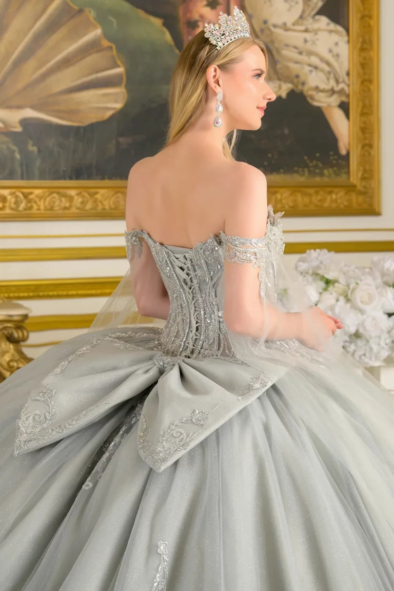 Quinceniera Dresses Ball Gown Beaded Long Sequin Glitter Quinceanera Dress Silver