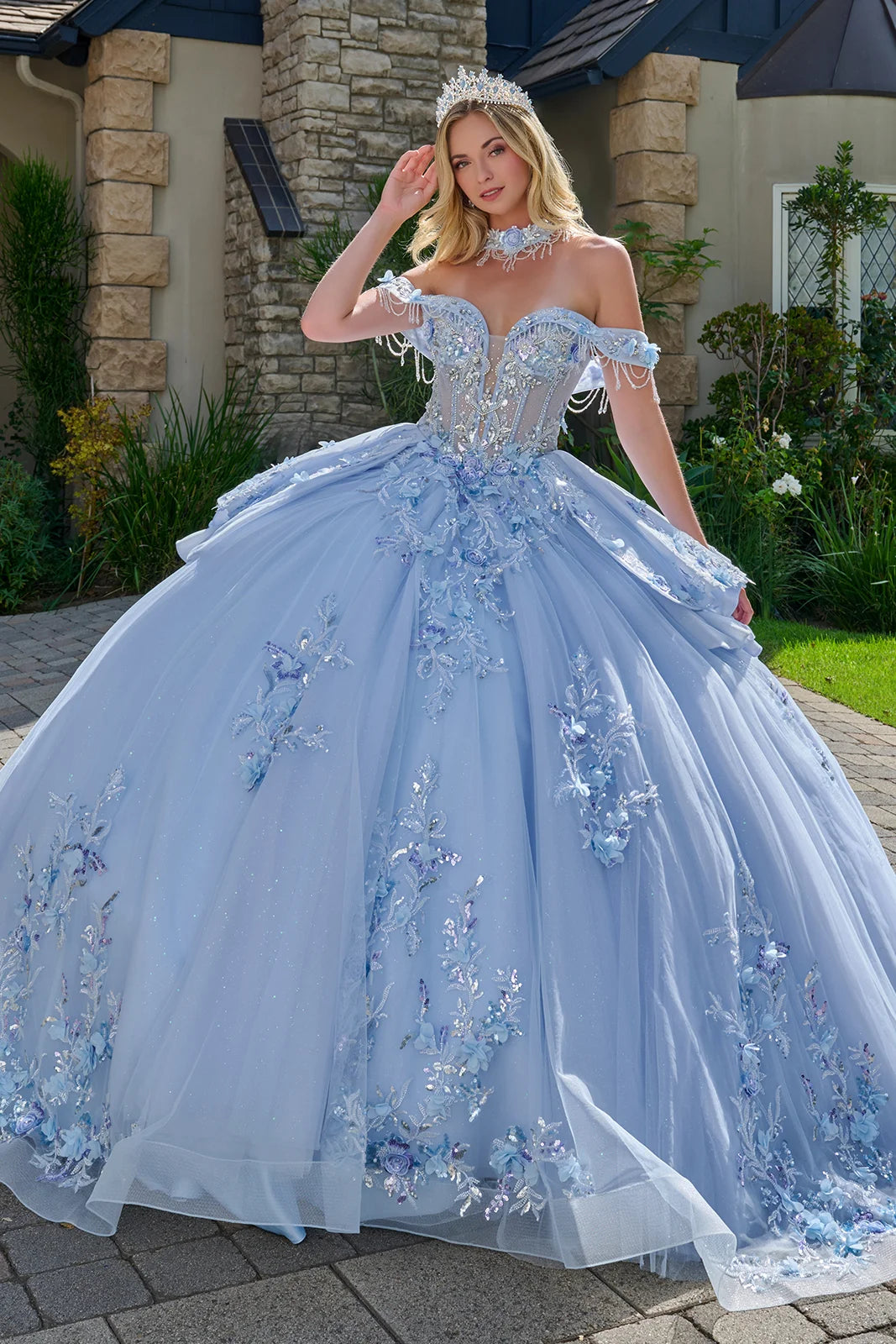Off-the-Shoulder Floor-Length Tulle Quinceanera Ball Gown GLS GL3720