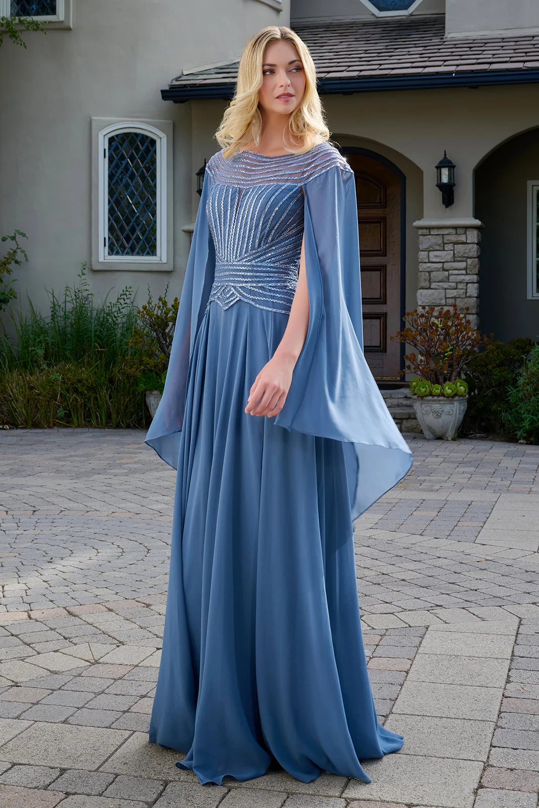 Bateau Neck Long Chiffon Evening Gown by GLS 3736 in Smoky Blu