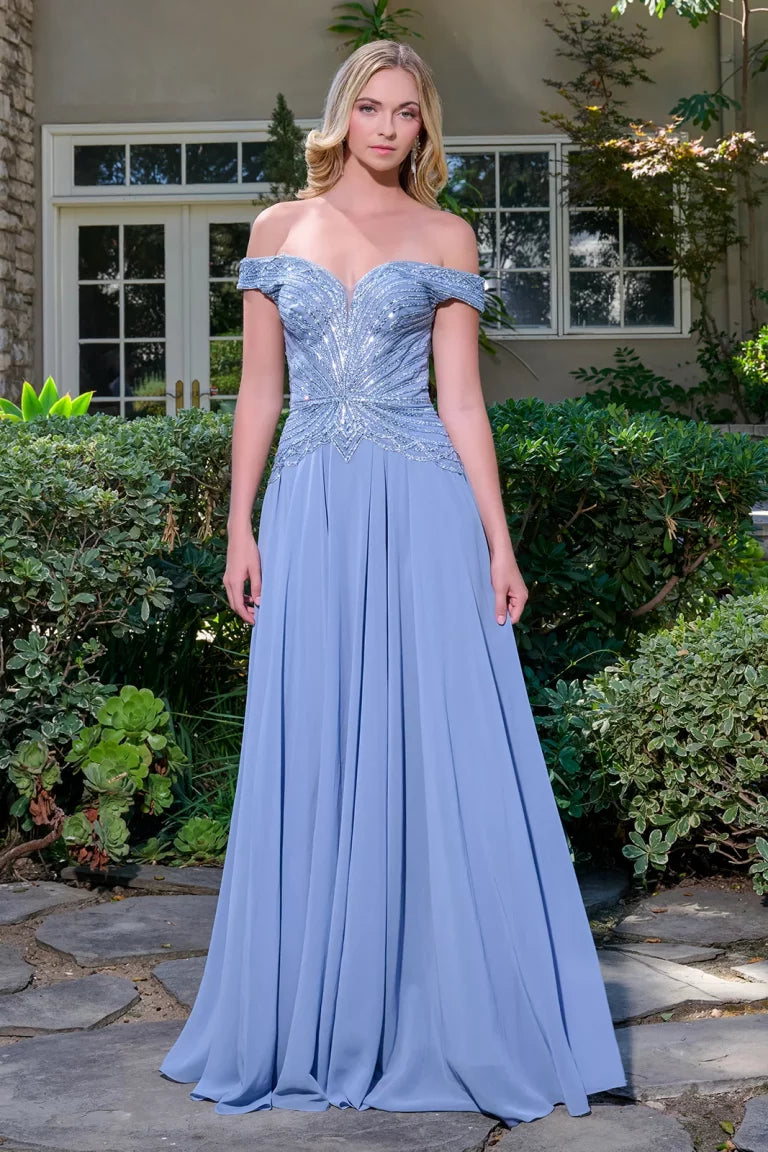 Off-Shoulder Long Chiffon Prom Dress by GLS GL3738 in DUSTY BLUE