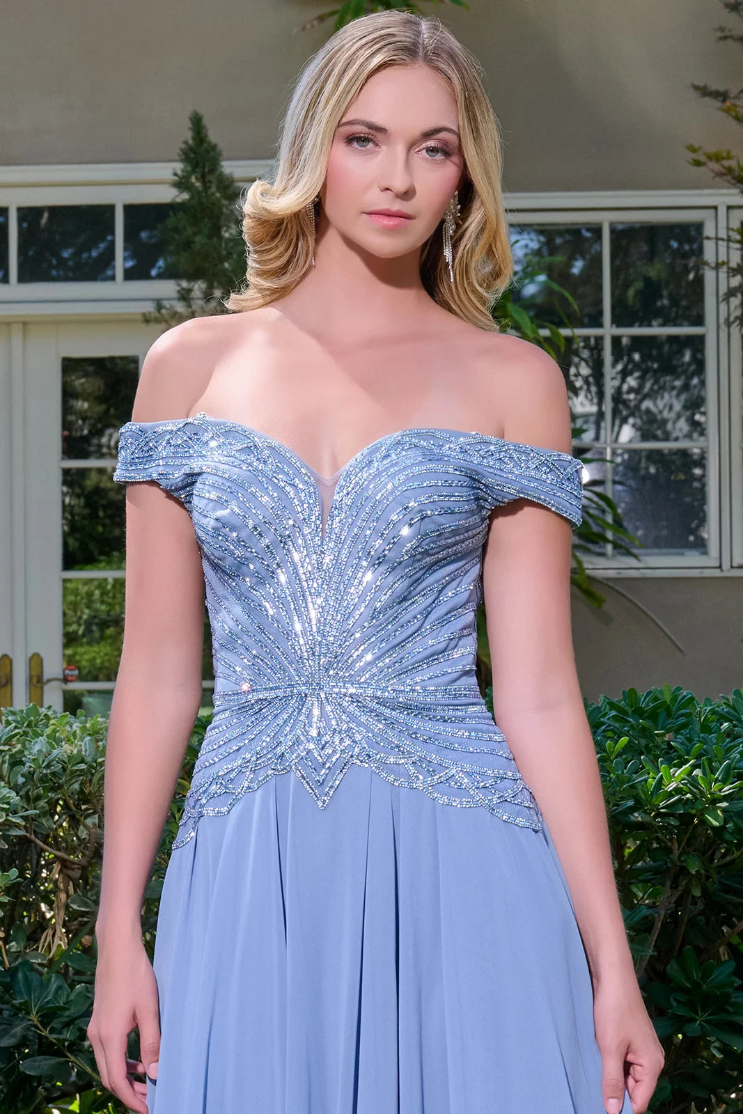 Off-Shoulder Long Chiffon Prom Dress by GLS GL3738 in DUSTY BLUE
