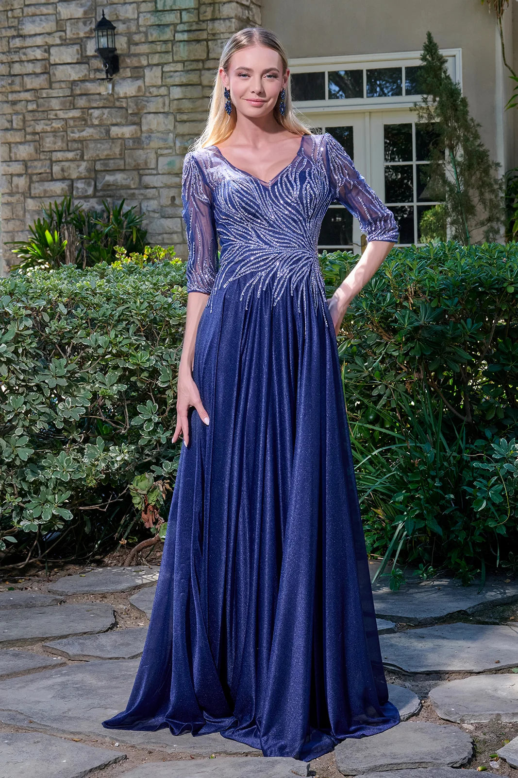 V-Neck Long Embellished Mother of the Bride Dress by GLS 3739 in Navy