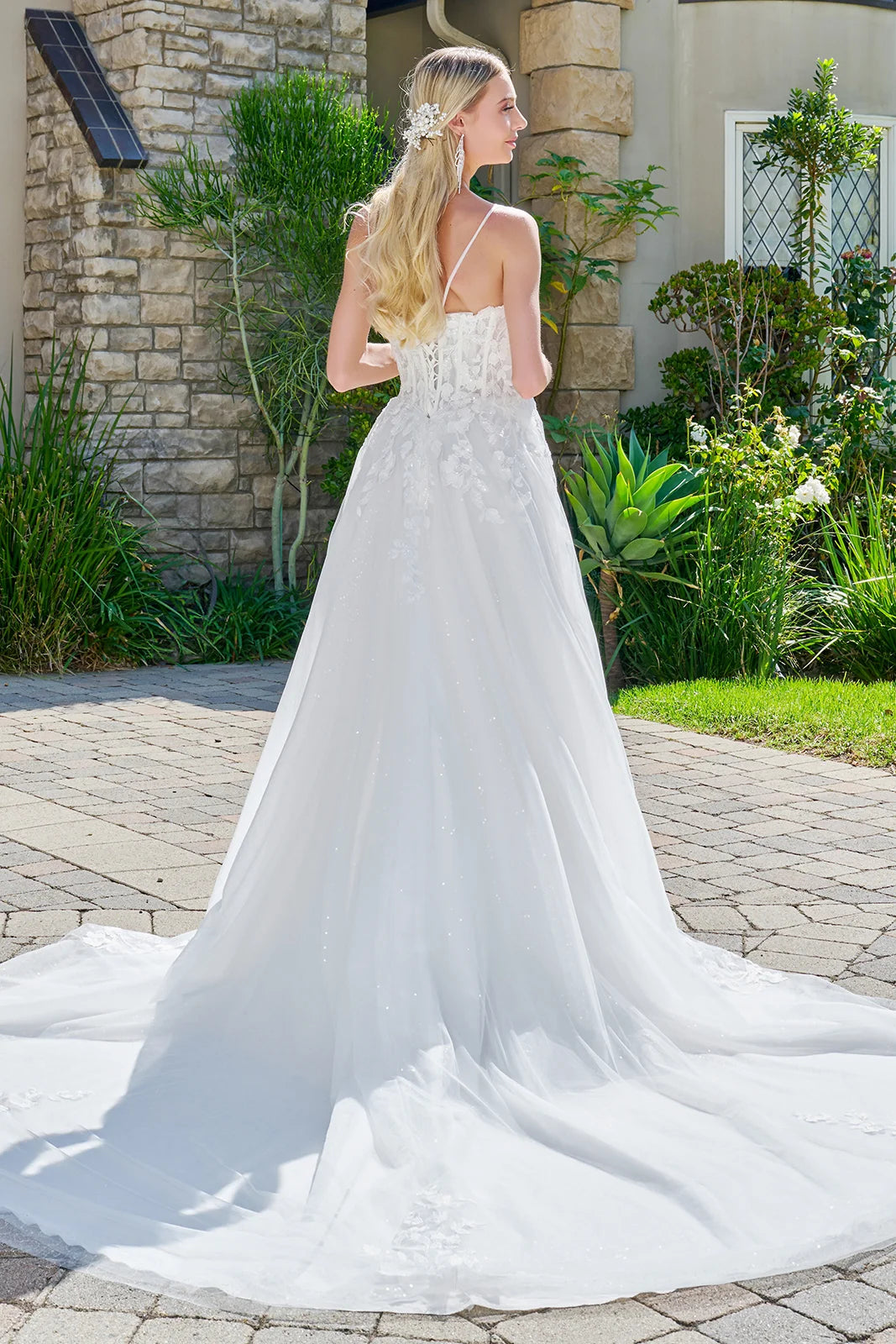Scoop Neck Long Lace Wedding Dress by GLS 3755 in Off White