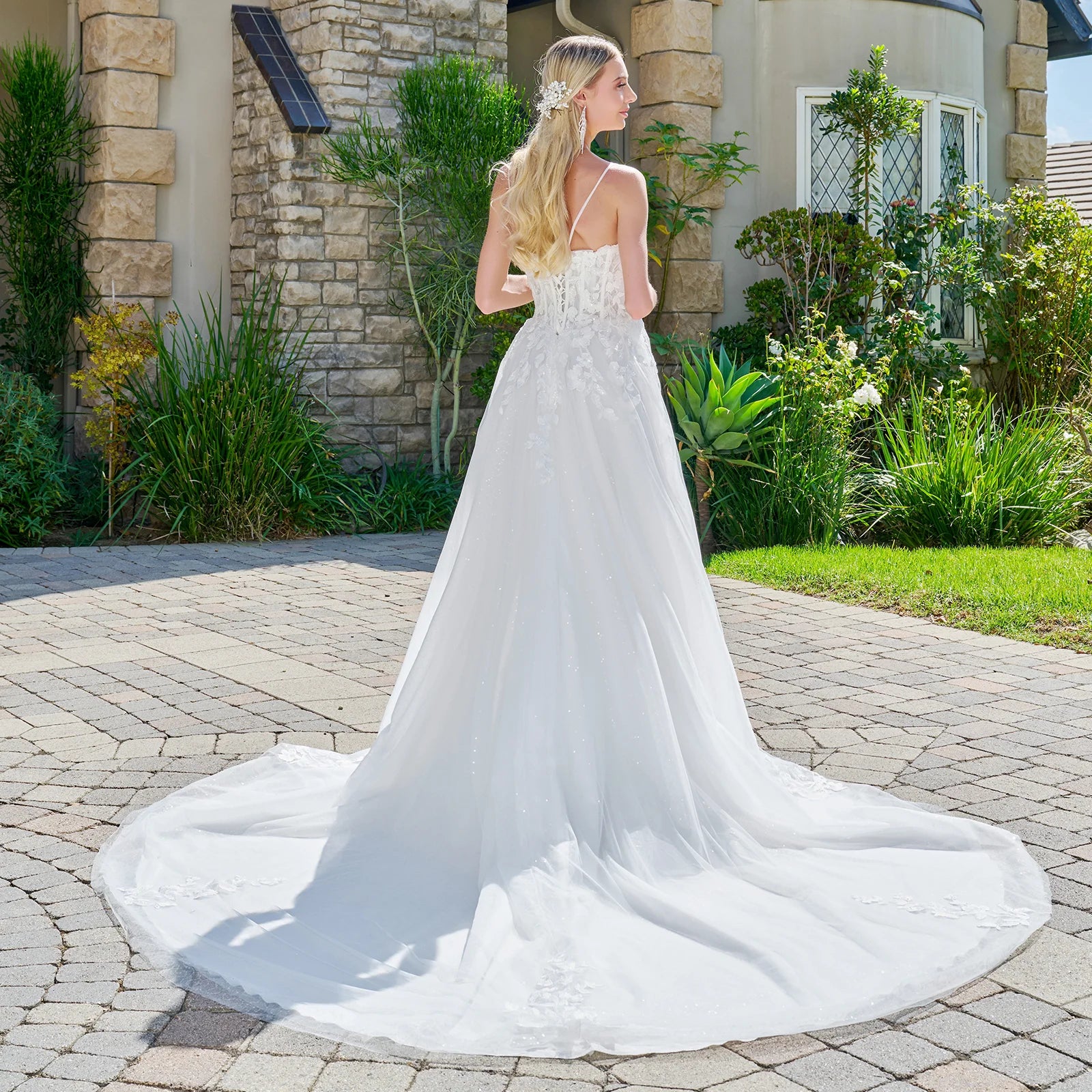 Scoop Neck Long Lace Wedding Dress by GLS 3755 in Off White
