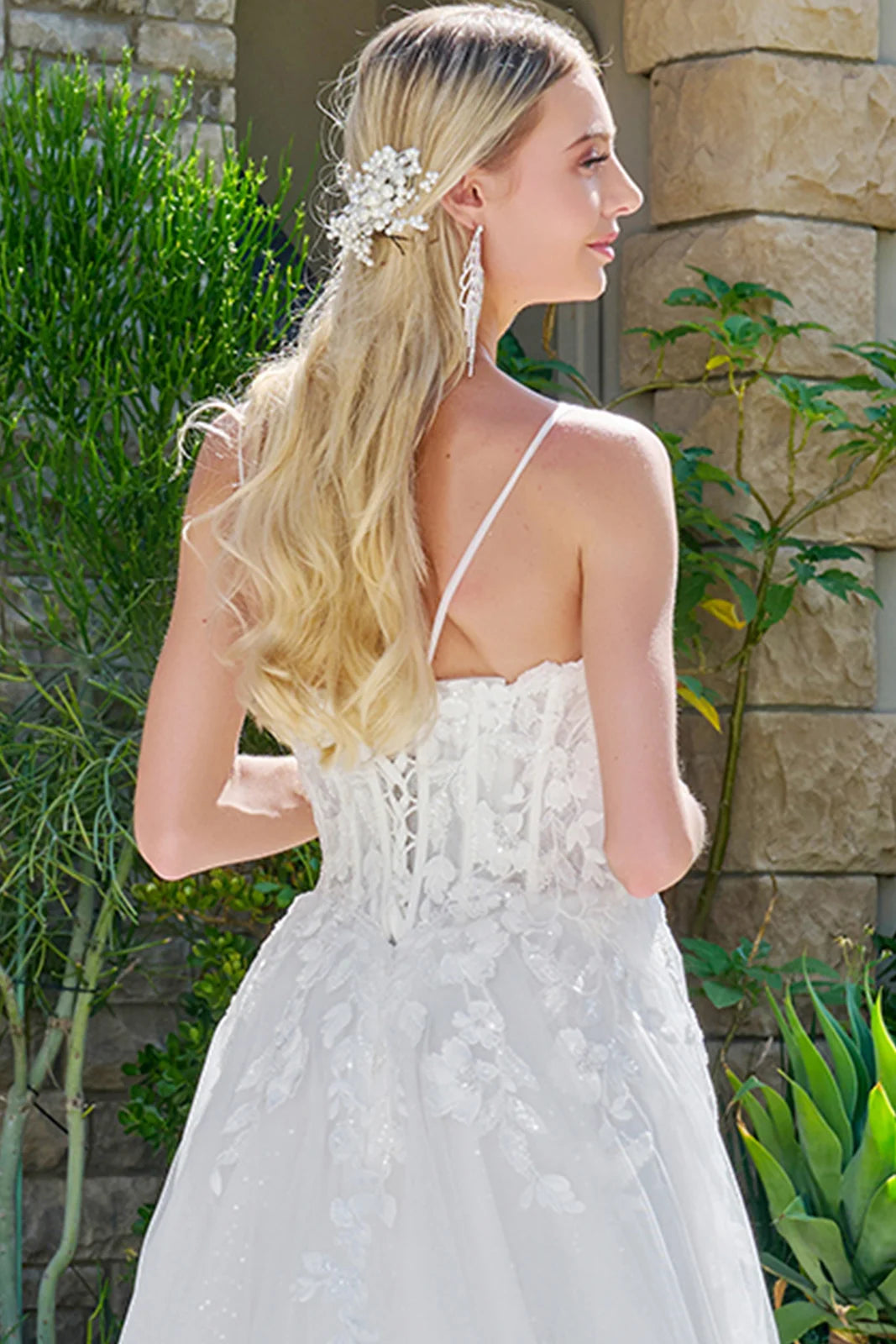 Scoop Neck Long Lace Wedding Dress by GLS 3755 in Off White
