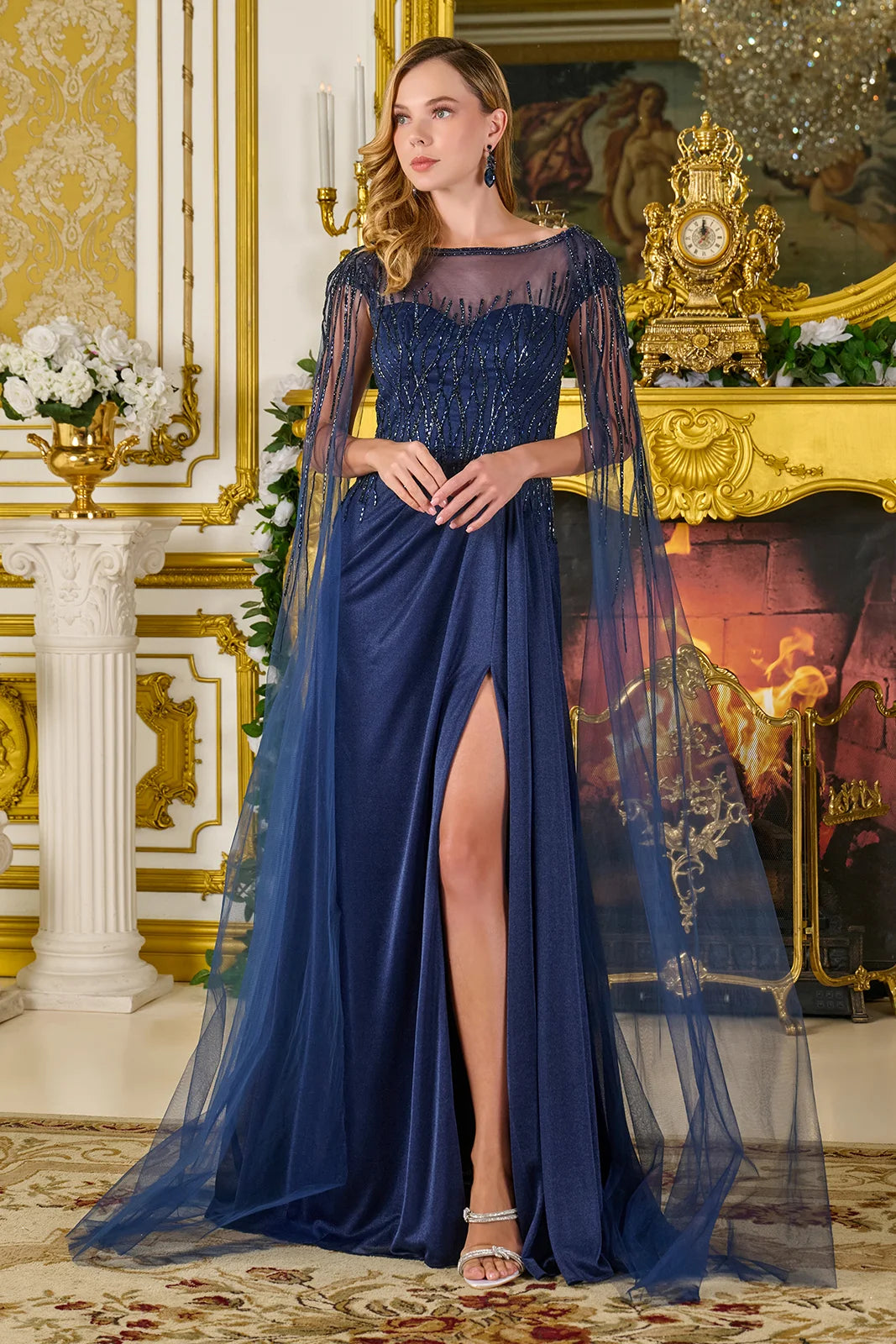 Prom Dresses Long Formal A Line Cape Prom Dress Navy