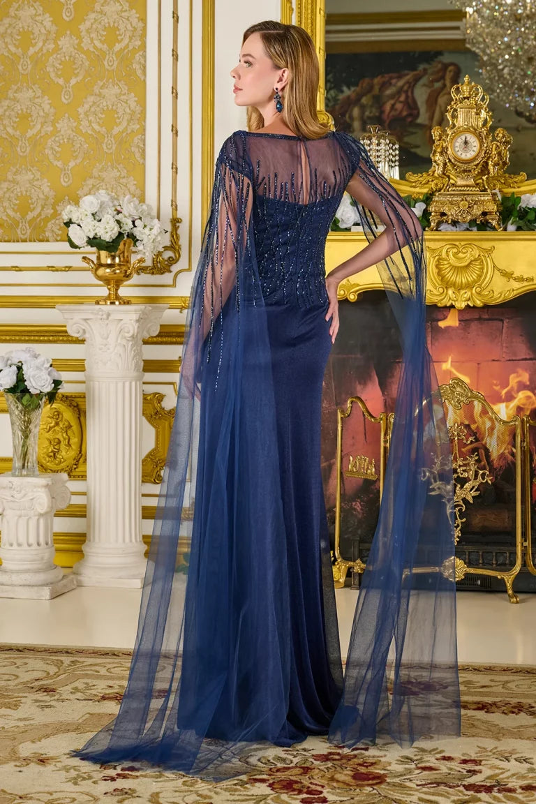 Prom Dresses Long Formal A Line Cape Prom Dress Navy