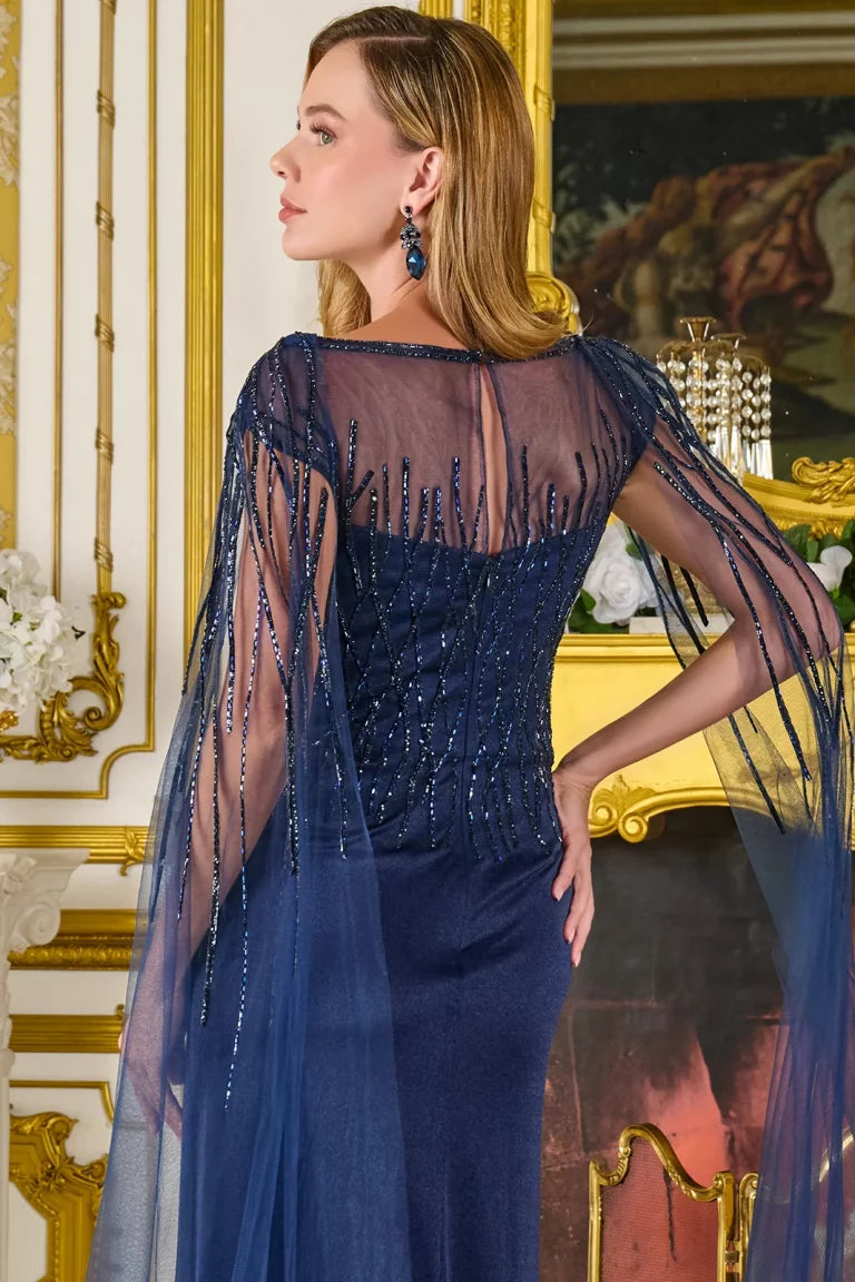 Prom Dresses Long Formal A Line Cape Prom Dress Navy