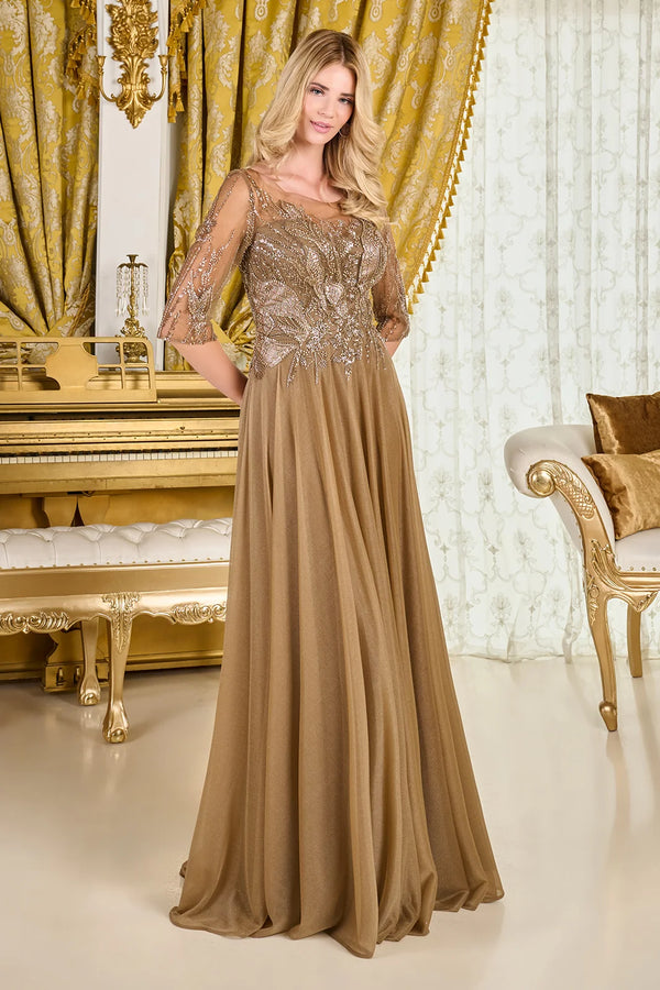 GLS GL3786 Sequin Applique Long Formal Beaded Mother of the Bride Dress