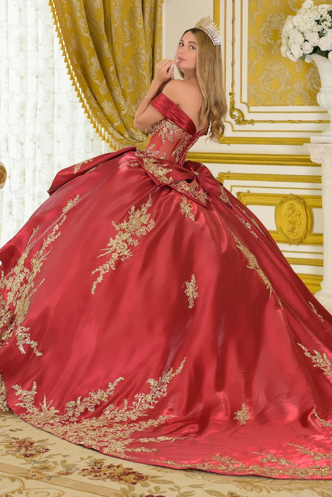 Quinceniera Dresses Long Quinceanera Beaded Corset Ball Gown Dress Burgundy