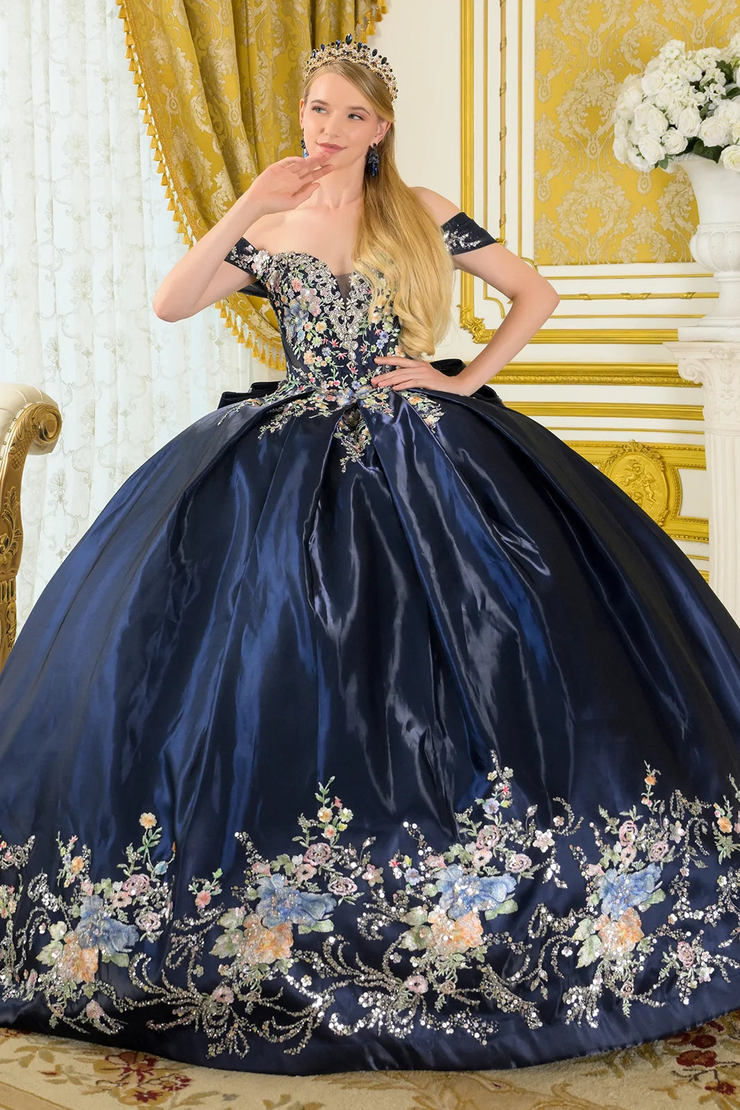 Quinceniera Dresses Long Quinceanera Ball Gown Corset Beaded Sequin Dress Navy