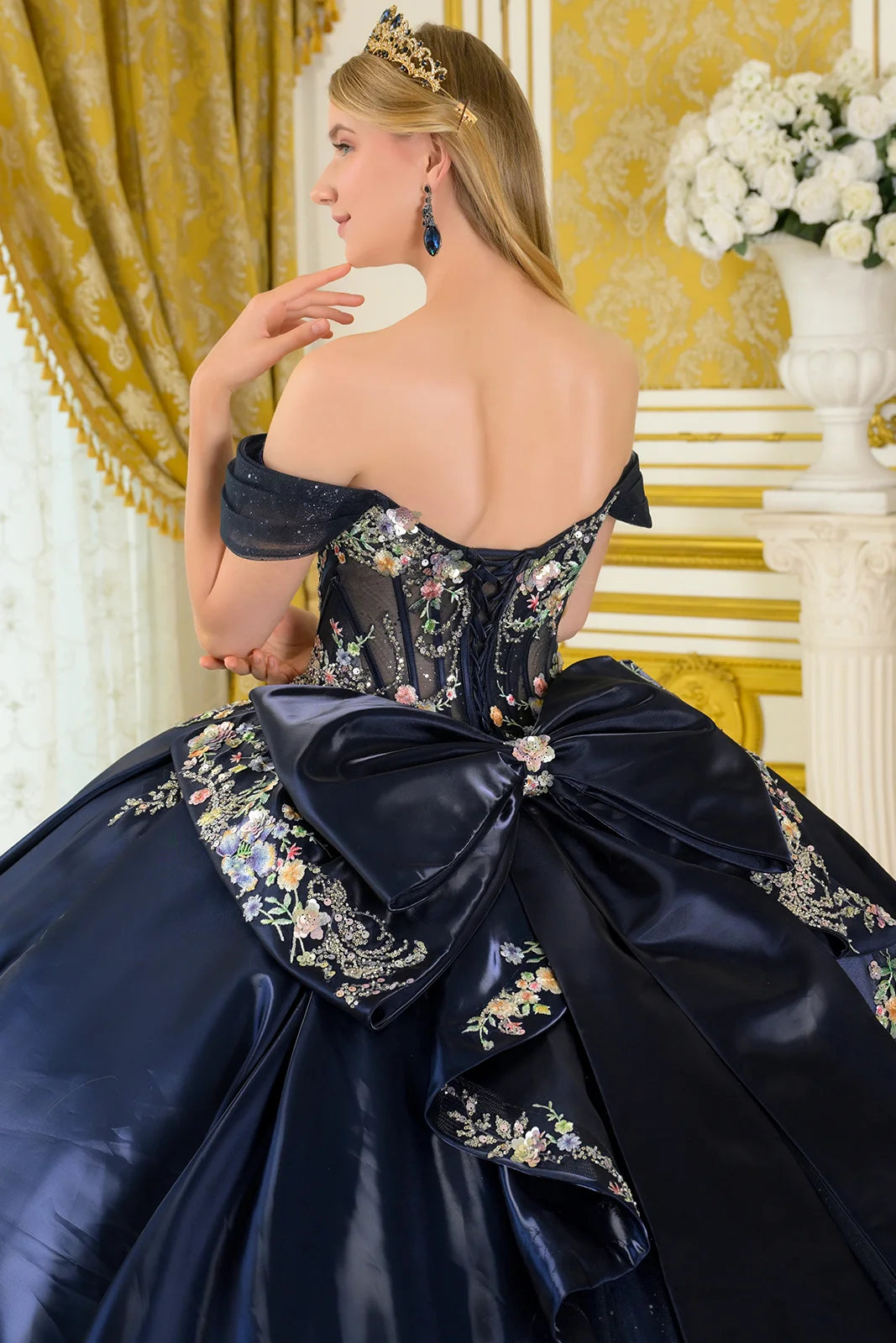 Quinceniera Dresses Long Quinceanera Ball Gown Corset Beaded Sequin Dress Navy