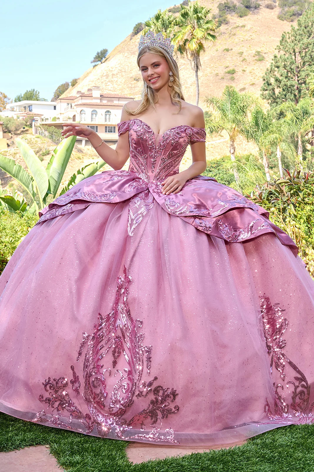 GLS GL3794 Long Quinceanera Ball Gown Corset Long Sleeve Beaded Sequin Dress