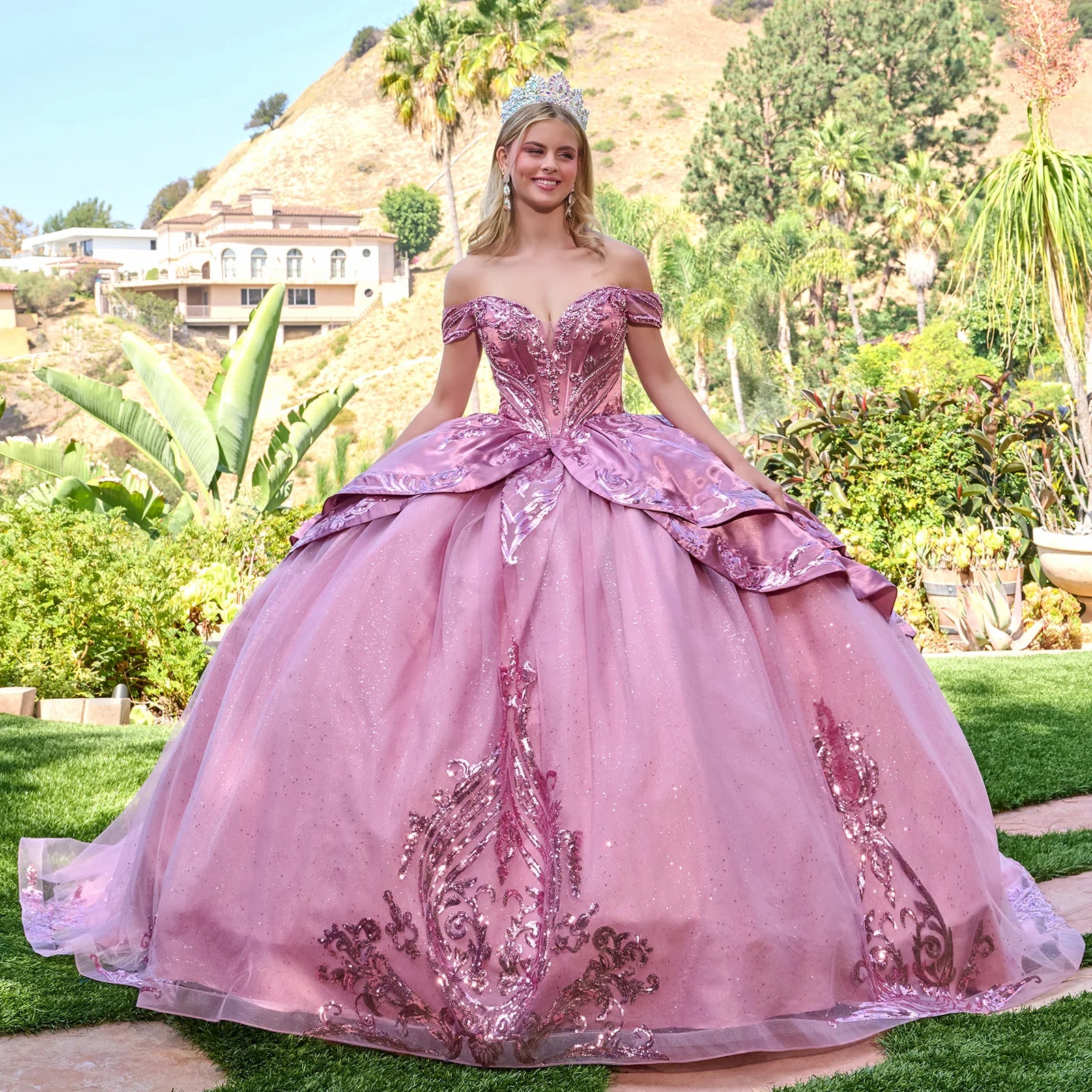 Quinceniera Dresses Long Quinceanera Ball Gown Corset Long Sleeve Beaded Sequin Dress Dusty Rose