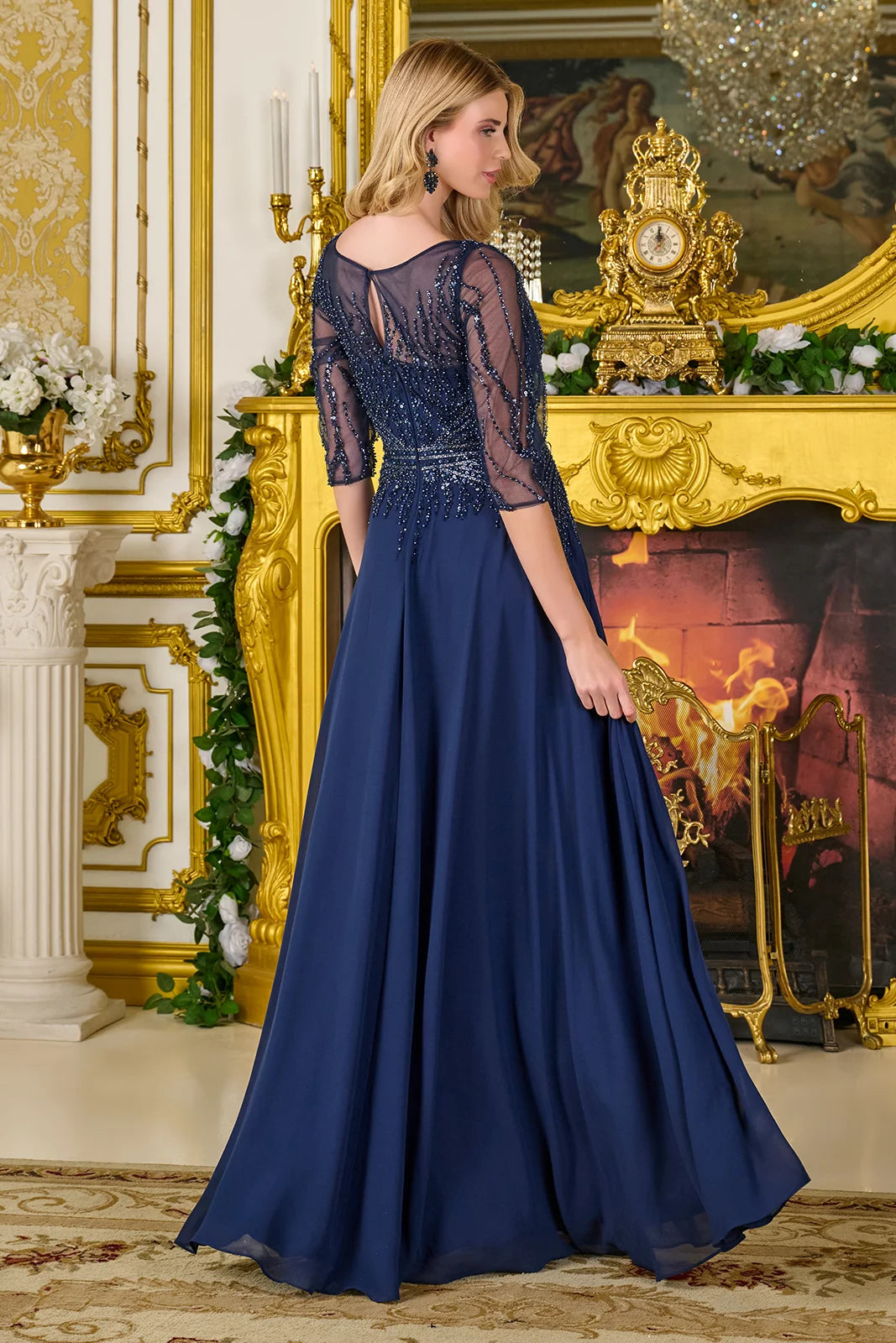 GLS GL3796 Long Mother of the Bride Dress A Line Beaded Sequin Dress - NAVY / 3XL GLS GL3796 Long Mother of the Bride Dress A Line Beaded Sequin Dress - NAVY / 3XL