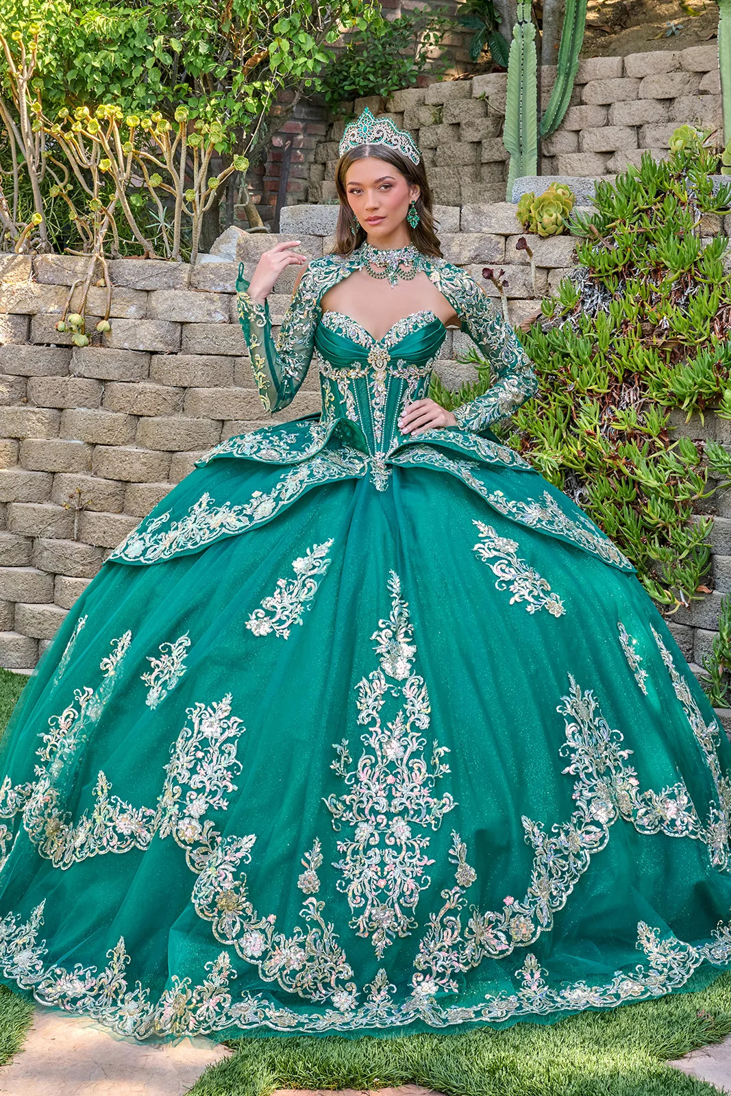Quinceniera Dresses Long Glitter Sequin Beaded Quinceanera Dress GLS GL3800 Emerald Green