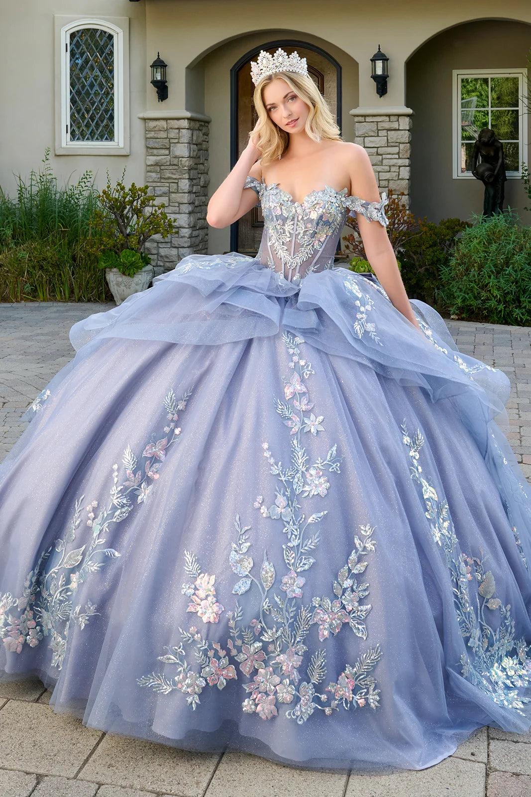 Quinceniera Dresses Long Corset Glitter Quinceanera Dress - Beaded - GLS GL3802 Dusty Blue-Mesh-GL3802-Train
