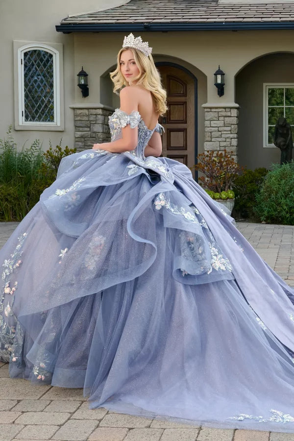 Quinceniera Dresses Long Corset Glitter Quinceanera Dress - Beaded - GLS GL3802 Dusty Blue-Mesh-GL3802-Train