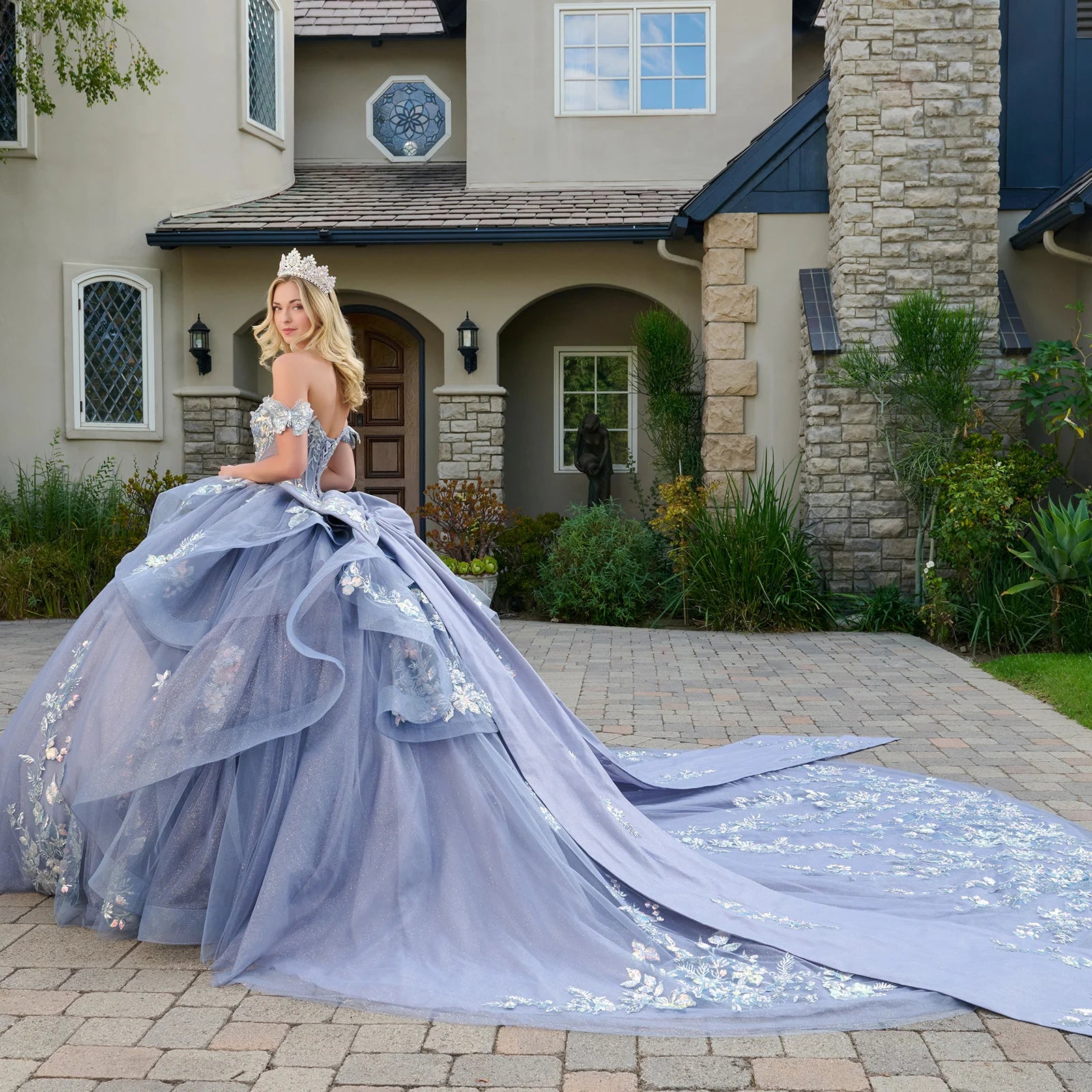 Quinceniera Dresses Long Corset Glitter Quinceanera Dress - Beaded - GLS GL3802 Dusty Blue-Mesh-GL3802-Train