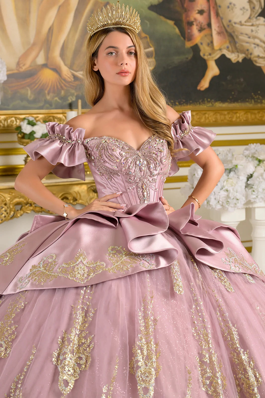 Quinceniera Dresses Long Beaded Sequin Quinceanera Dress - Corset - GLS GL3803 Mauve-Satin-GL3803-Glitter