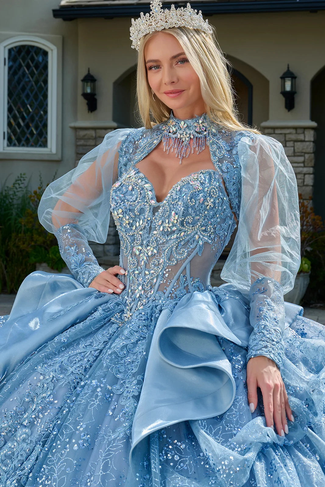 Quinceniera Dresses Sequin Ruffle Corset Long Ball Gown Quinceniera Dress Dusty Blue